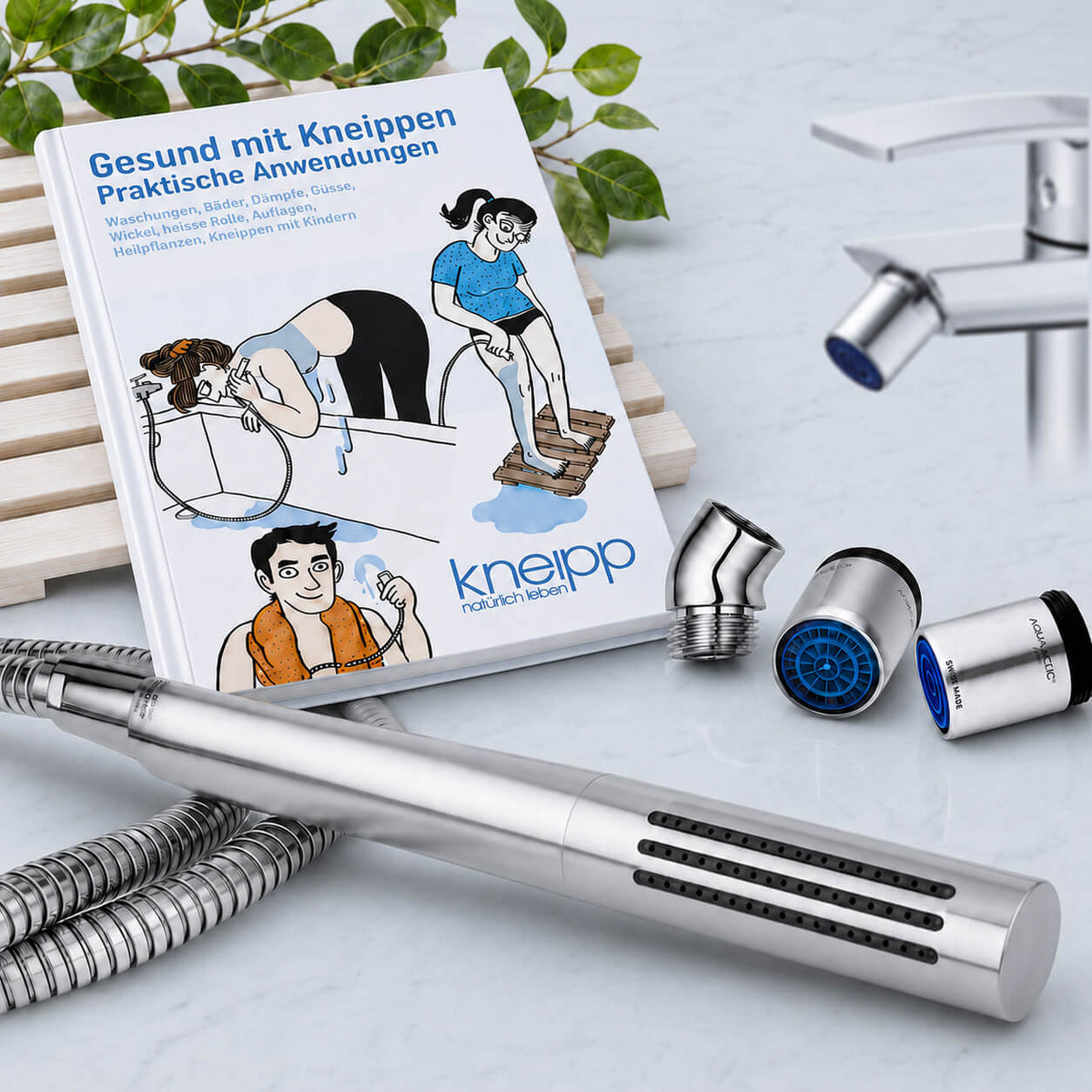 Kneipp-Set-Premium: Duschbrause Elegance, Kneippbuch, 1 Duschwinkel, 2 Strahlregler für den WAsserhahn
