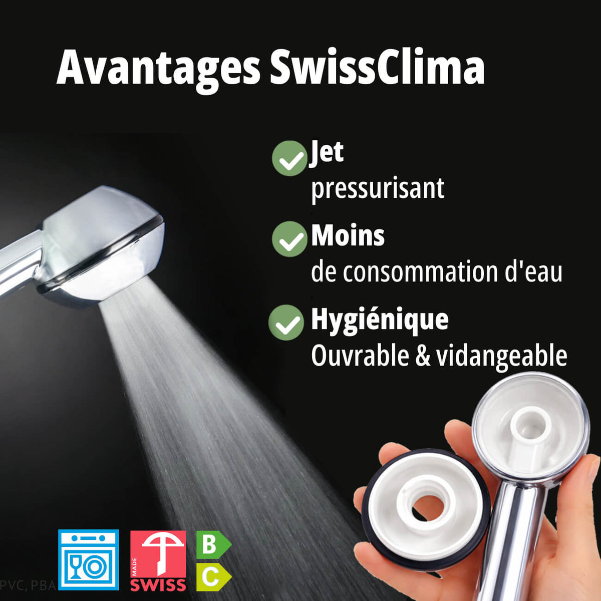 Set de douche SwissClima, à pression ren&shy;for&shy;cée, éco&shy;no&shy;mi&shy;que en eau